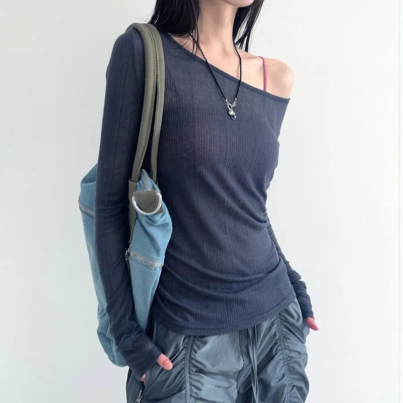 Harajuku Basic Knit Women T-shirt Long Sleeve Thin Backless Korean Style Top Tee All-Match Solid Pullover Transparent