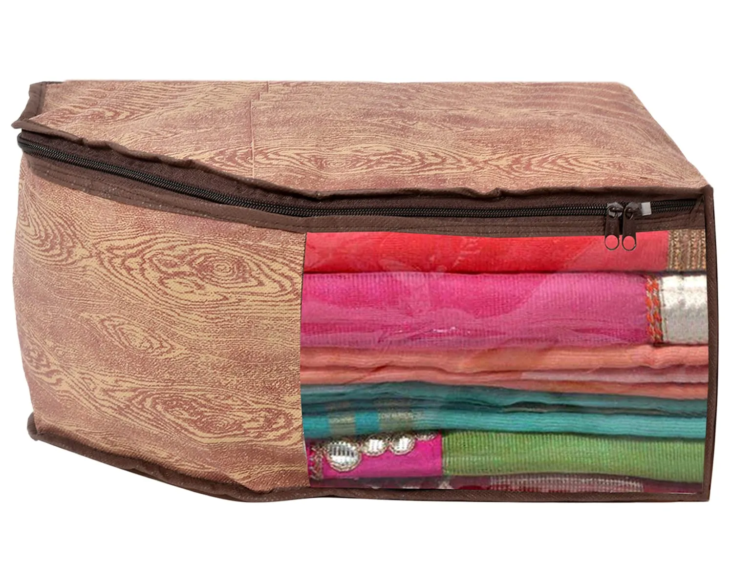 Heart Home Wooden Printed Non-Woven Blouse Cover Wardrobe Organiser Clothes Storage Bag With Front Window- Pack of 2 (Brown)-44HH0536