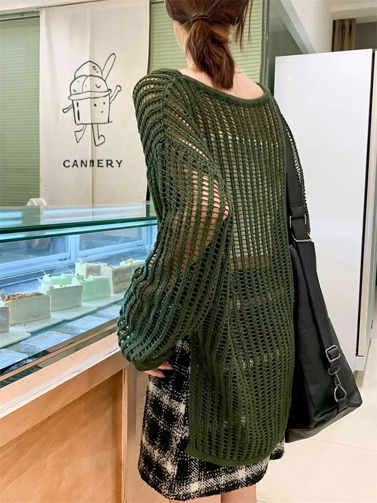 Hollow Out Sweater For Women Round Neck Long Sleeve Loose Solid Casual Pullover Vintage Sweaters Female Fashion