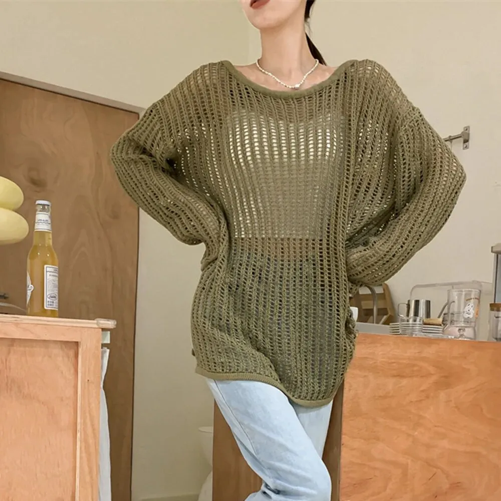 Hollow Out Sweater For Women Round Neck Long Sleeve Loose Solid Casual Pullover Vintage Sweaters Female Fashion