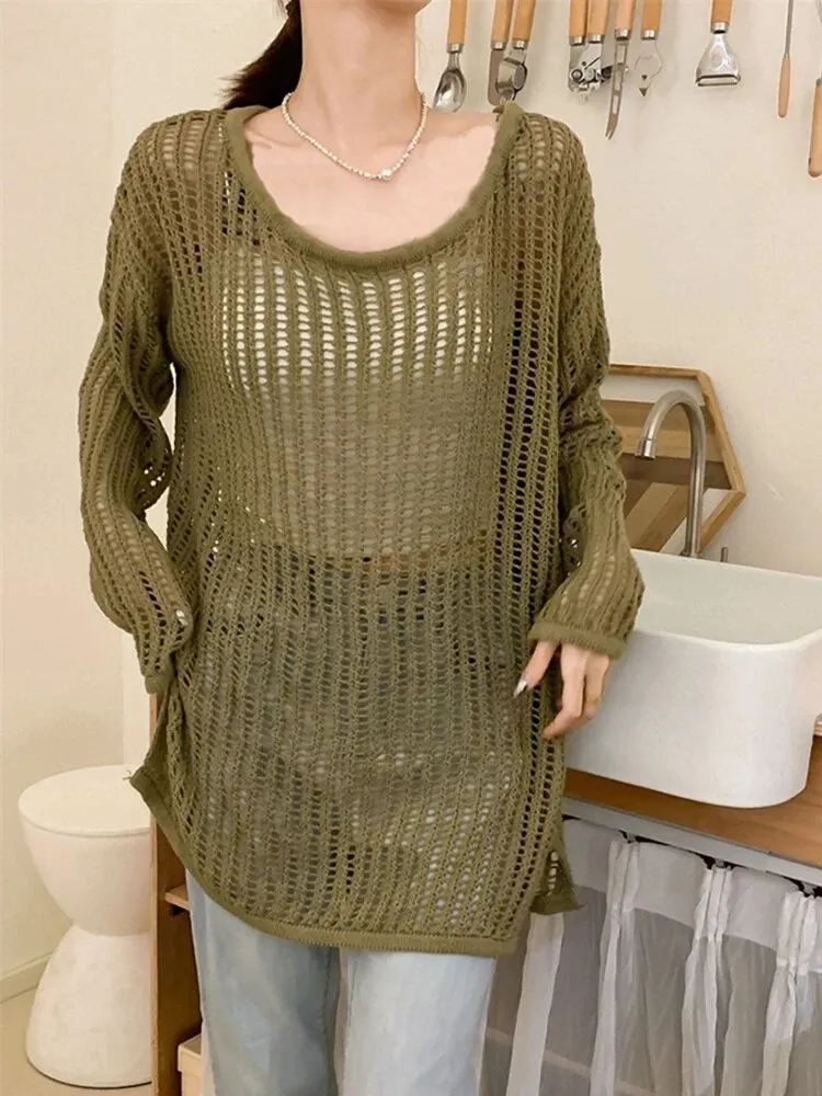 Hollow Out Sweater For Women Round Neck Long Sleeve Loose Solid Casual Pullover Vintage Sweaters Female Fashion
