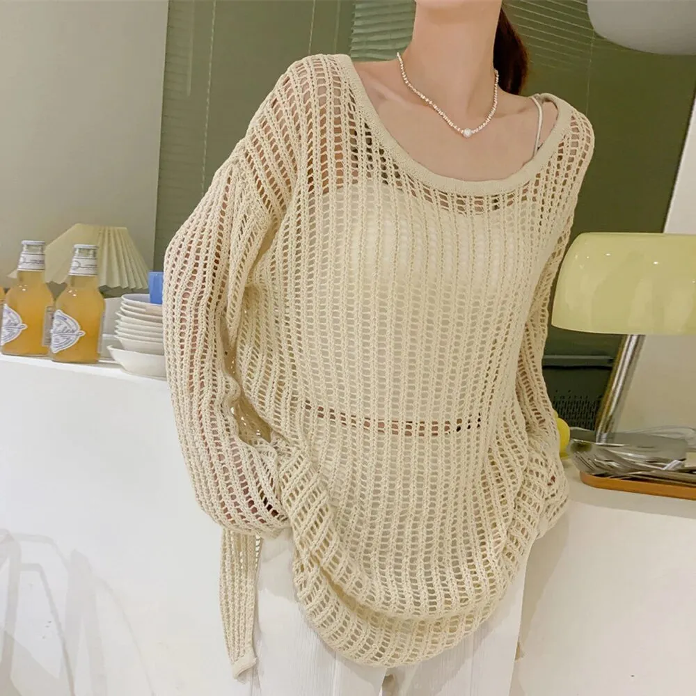 Hollow Out Sweater For Women Round Neck Long Sleeve Loose Solid Casual Pullover Vintage Sweaters Female Fashion