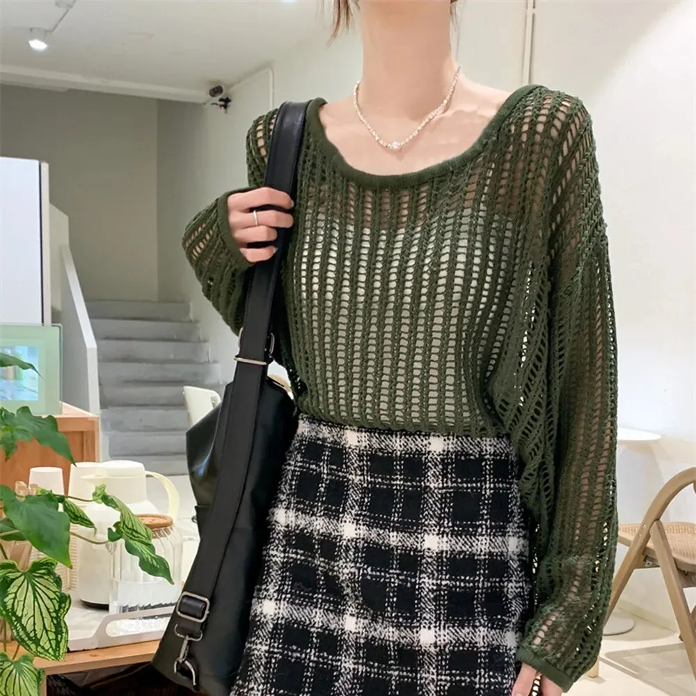 Hollow Out Sweater For Women Round Neck Long Sleeve Loose Solid Casual Pullover Vintage Sweaters Female Fashion