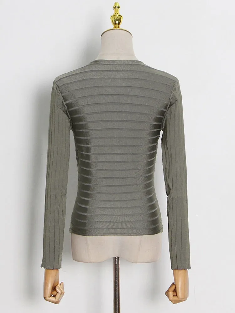 Hollow Out T-shirts For Female V Neck Long Sleeve High Waist Slimming Solid Color Women's Casual T-shirt Fashion