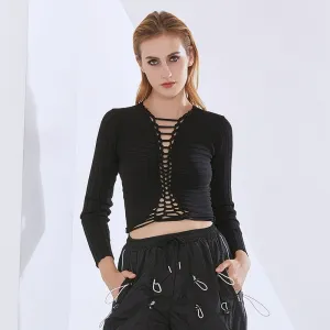 Hollow Out T-shirts For Female V Neck Long Sleeve High Waist Slimming Solid Color Women's Casual T-shirt Fashion