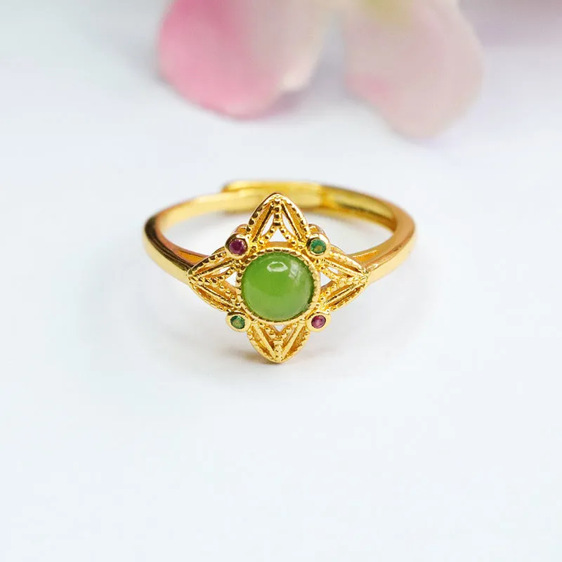 Jade Jasper and Zircon Sterling Silver Star Ring with Hollow Design