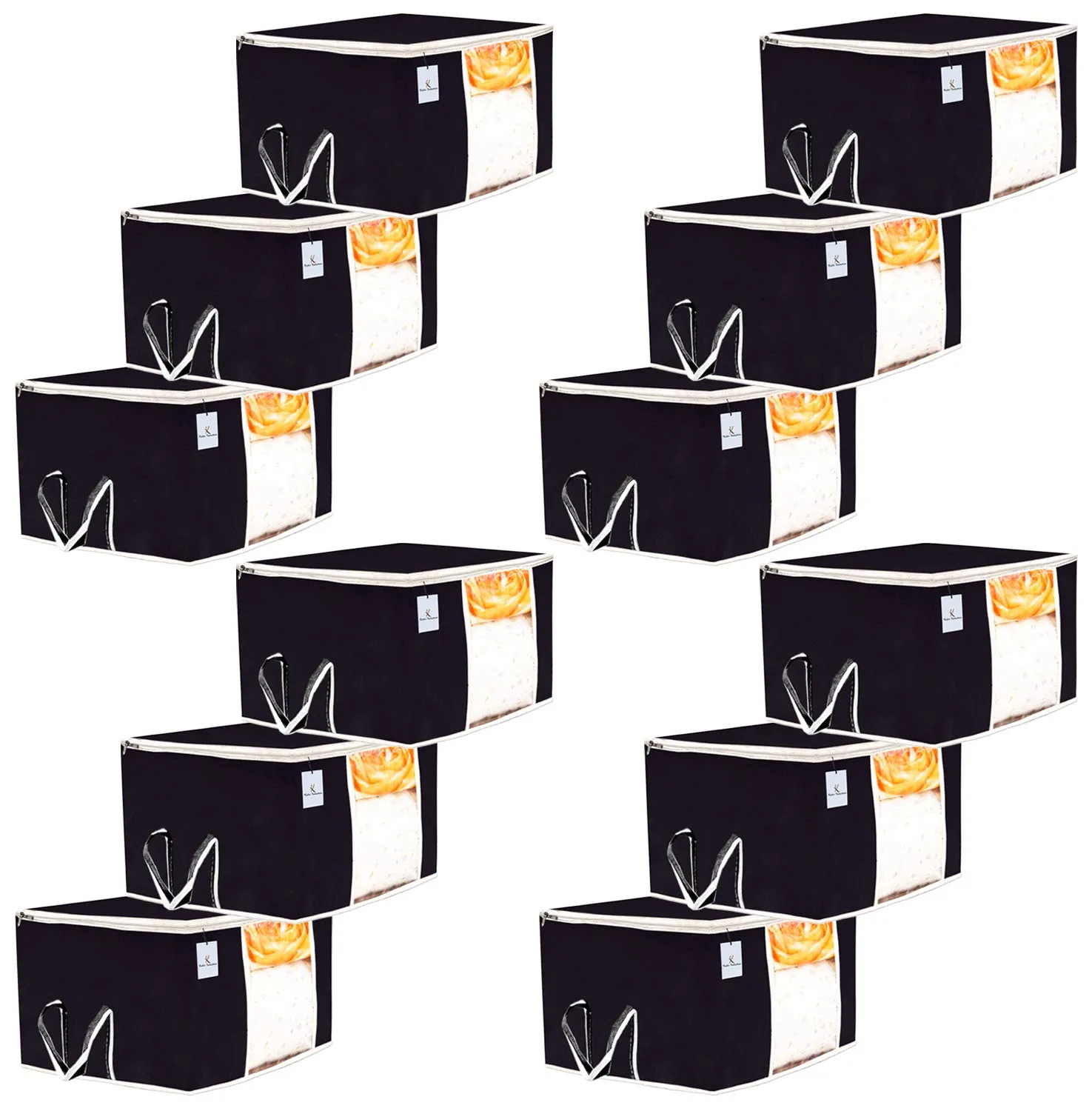 Kuber Industries 12 Piece Non Woven Underbed Storage Bag,Storage Organiser,Blanket Cover with Transparent Window,Extra Large, Black CTKTC034431