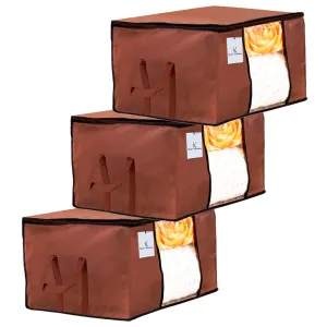 Kuber Industries Underbed Storage Bag, Storage Organiser, Blanket Cover Set of 3 - Dark Brown, Extra Large Size-CTKTC23820