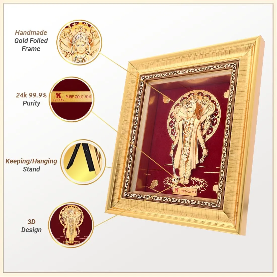 KUNDAN 24k Gold Foiled Handmade Frame Vishnu 16 * 18.5cm