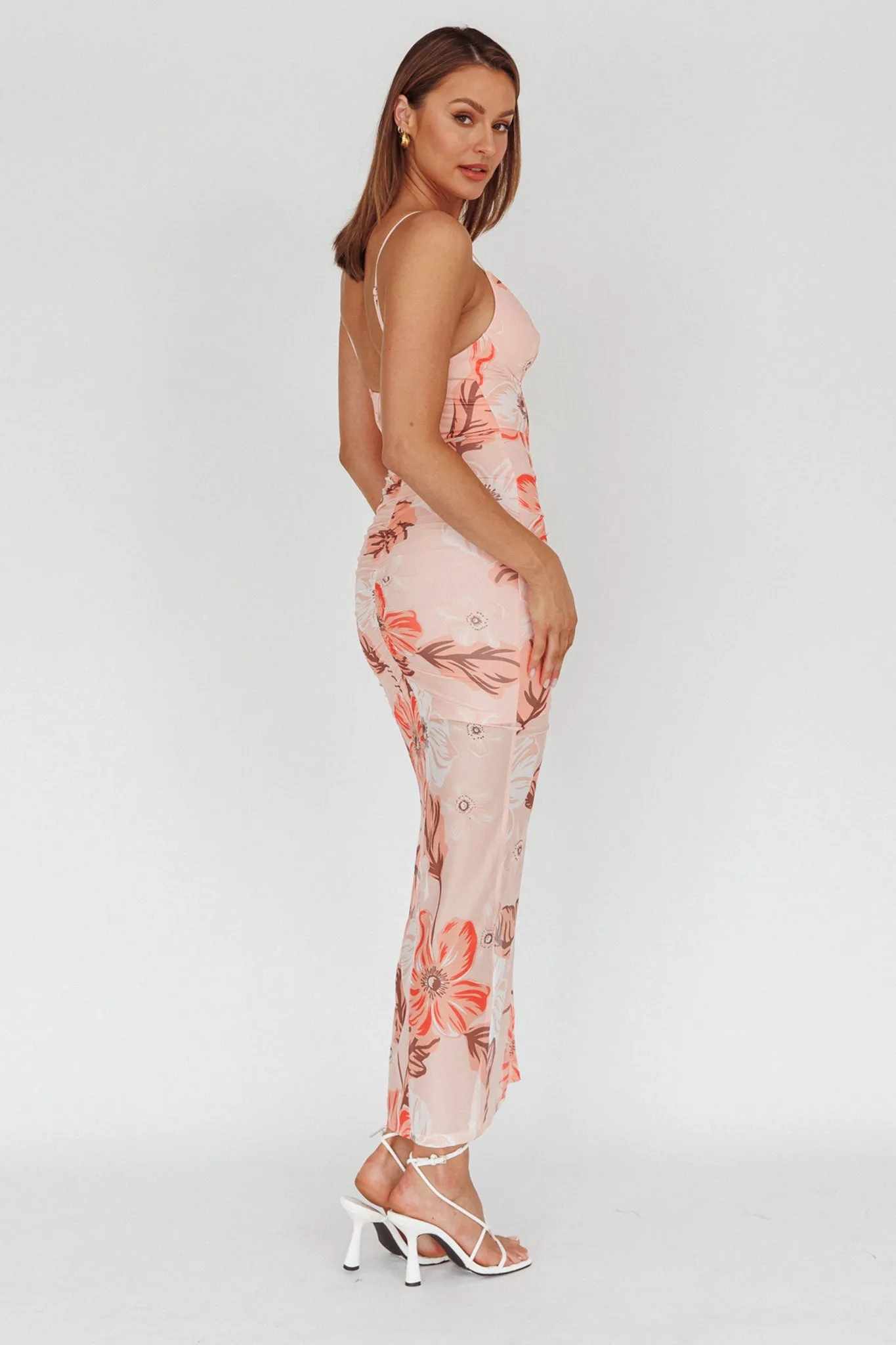 Lake Como Fitted Bodice Side Split Dress Floral Pink