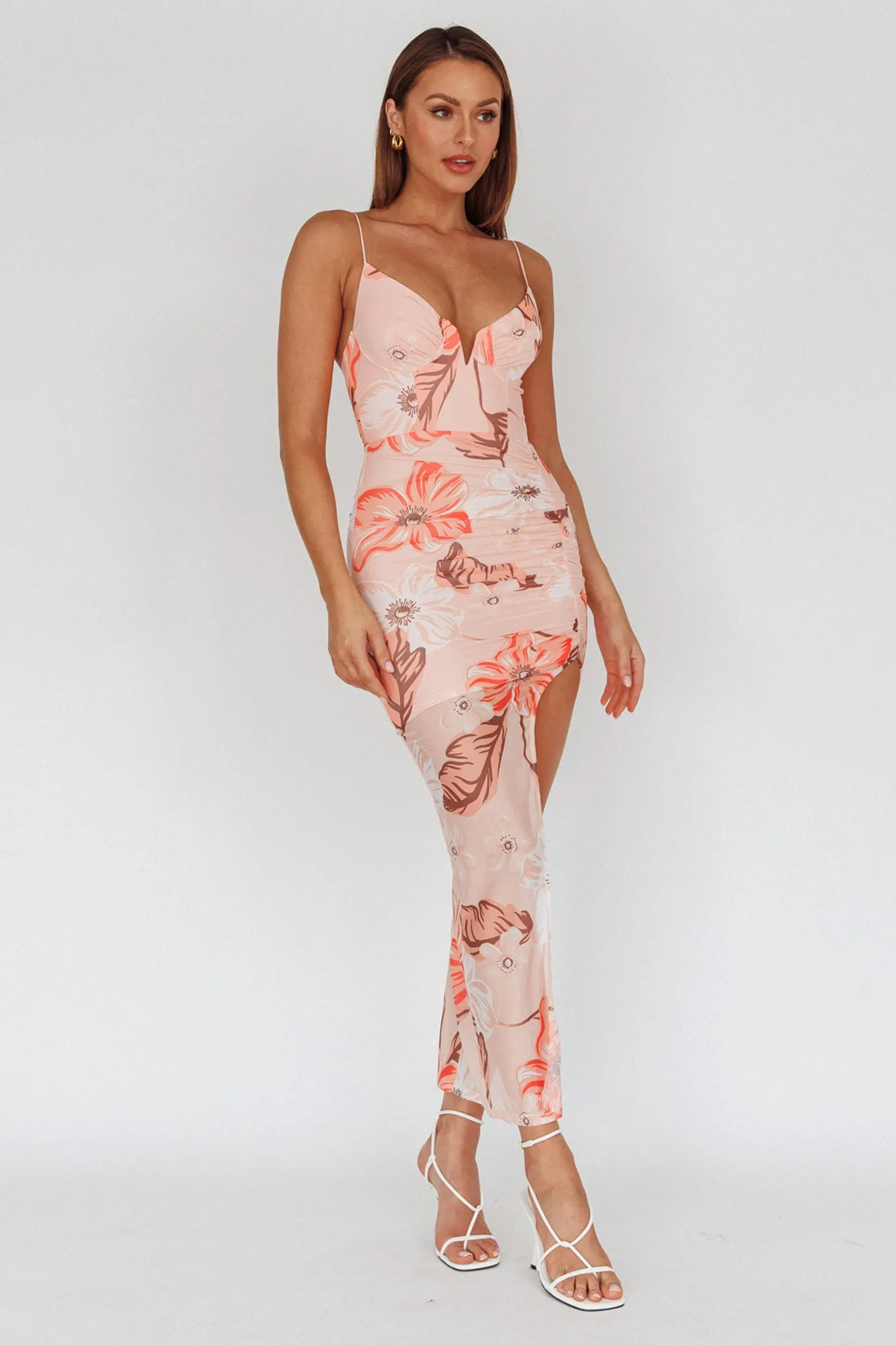 Lake Como Fitted Bodice Side Split Dress Floral Pink