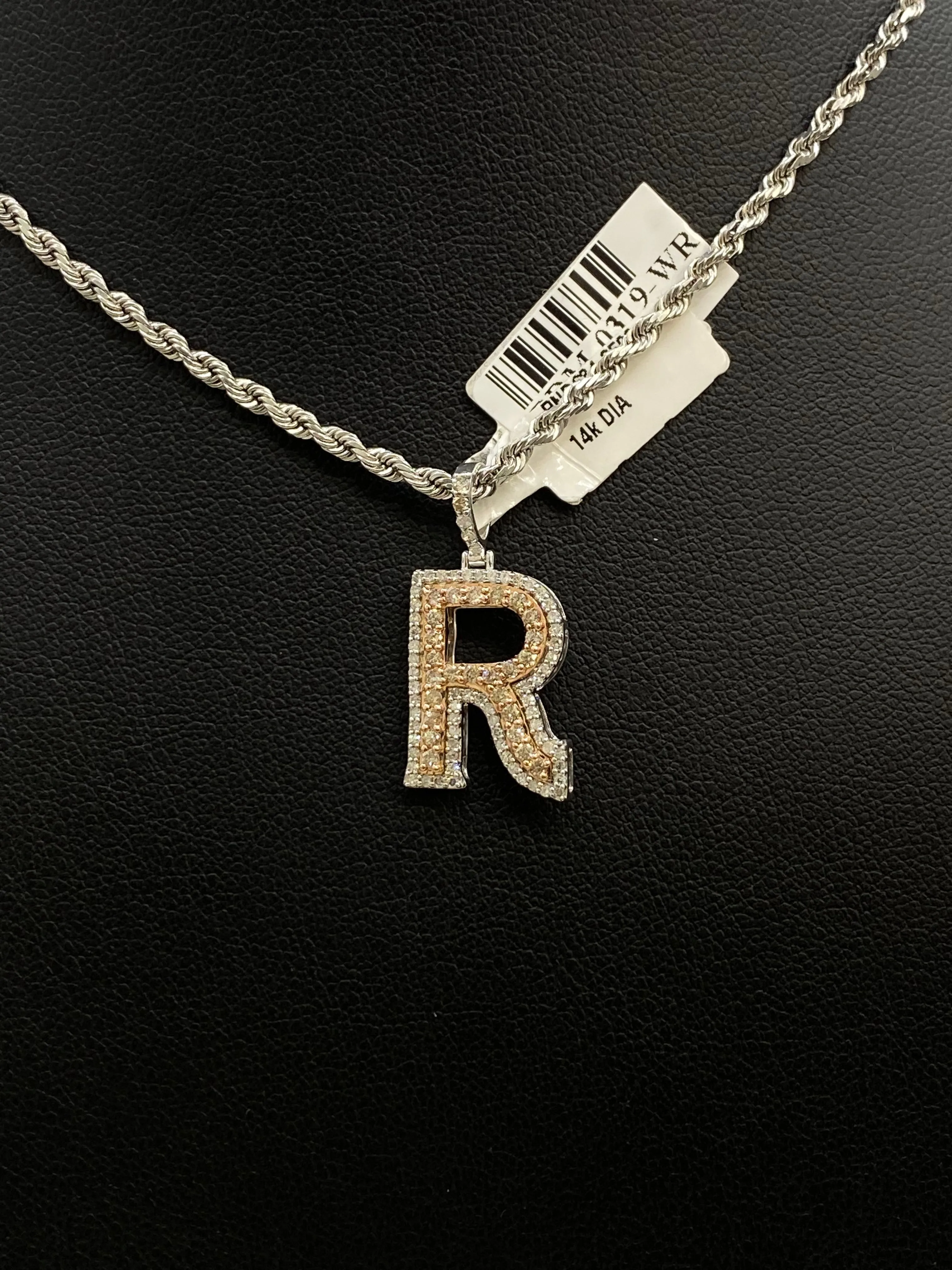 Letter R Pendant 14K Rose-White Gold With Diamond / 2.3gr