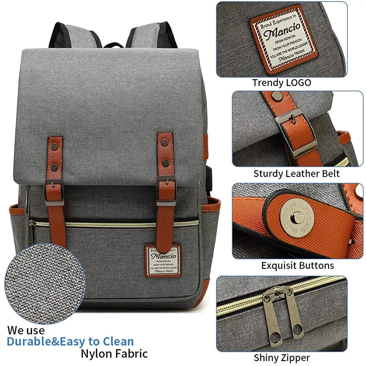 MANCIO Slim Vintage Laptop Backpack For women and men | Grey