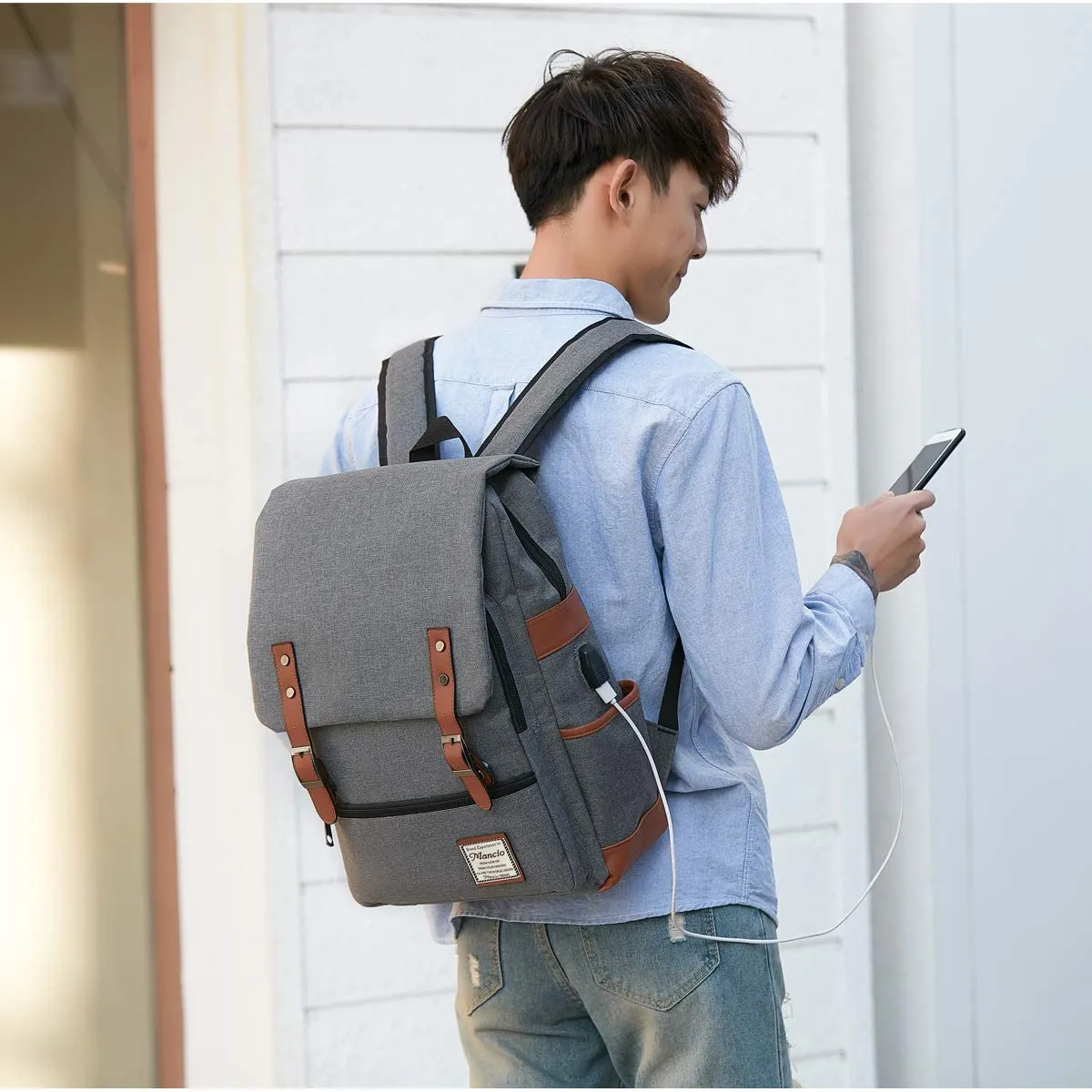 MANCIO Slim Vintage Laptop Backpack For women and men | Grey
