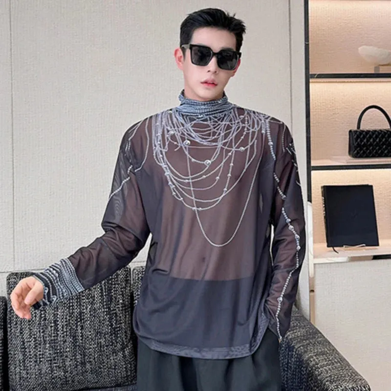Men's T-shirt New Trendy Pearl Printing Contrast Color Stand Collar Baggy Male Long Sleeve Tops Niche Design Spring 9C4953