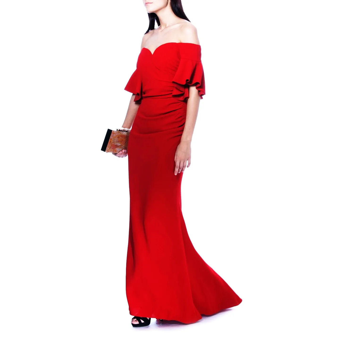 Off-The-Shoulder Ruched Crepe Evening Gown