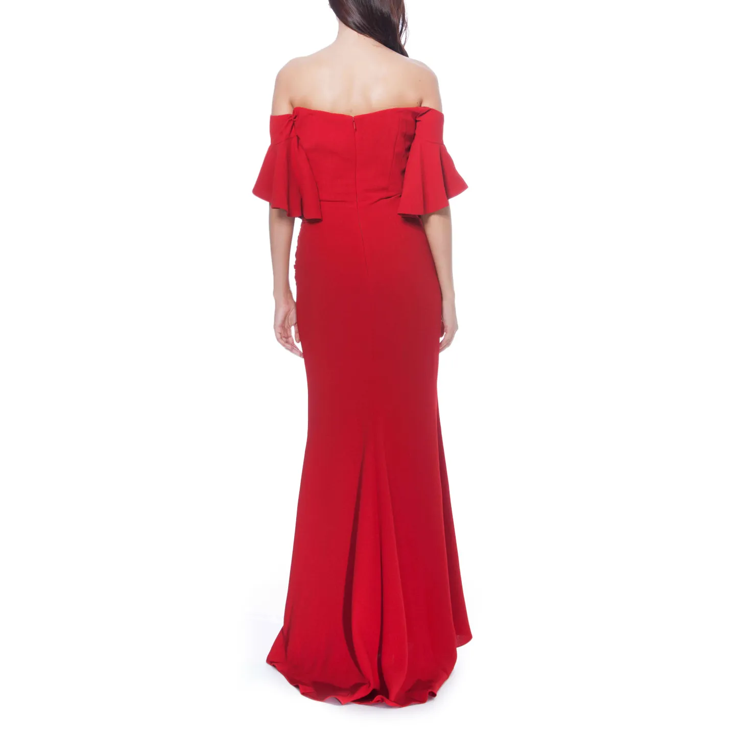 Off-The-Shoulder Ruched Crepe Evening Gown
