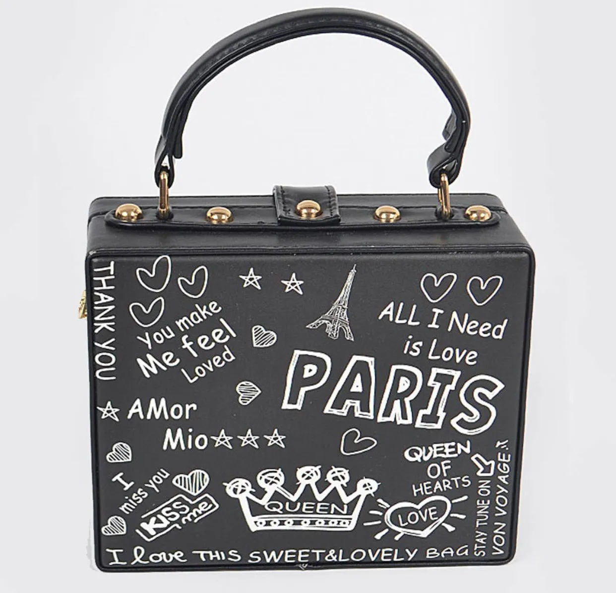 Paris Graffiti Studded Box Clutch