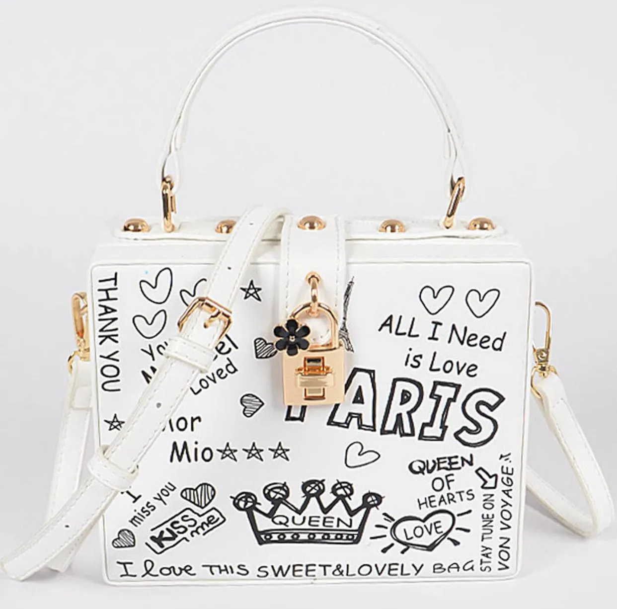 Paris Graffiti Studded Box Clutch