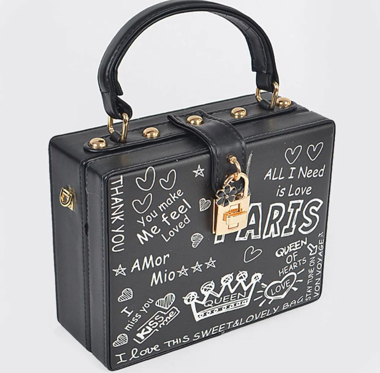 Paris Graffiti Studded Box Clutch