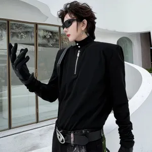 Pearl Zipper Trim Men's T-shirt Korean Fashion Mock Neck Solid Color Zipper Male Long Sleeve Tops New Stylish 9C4239