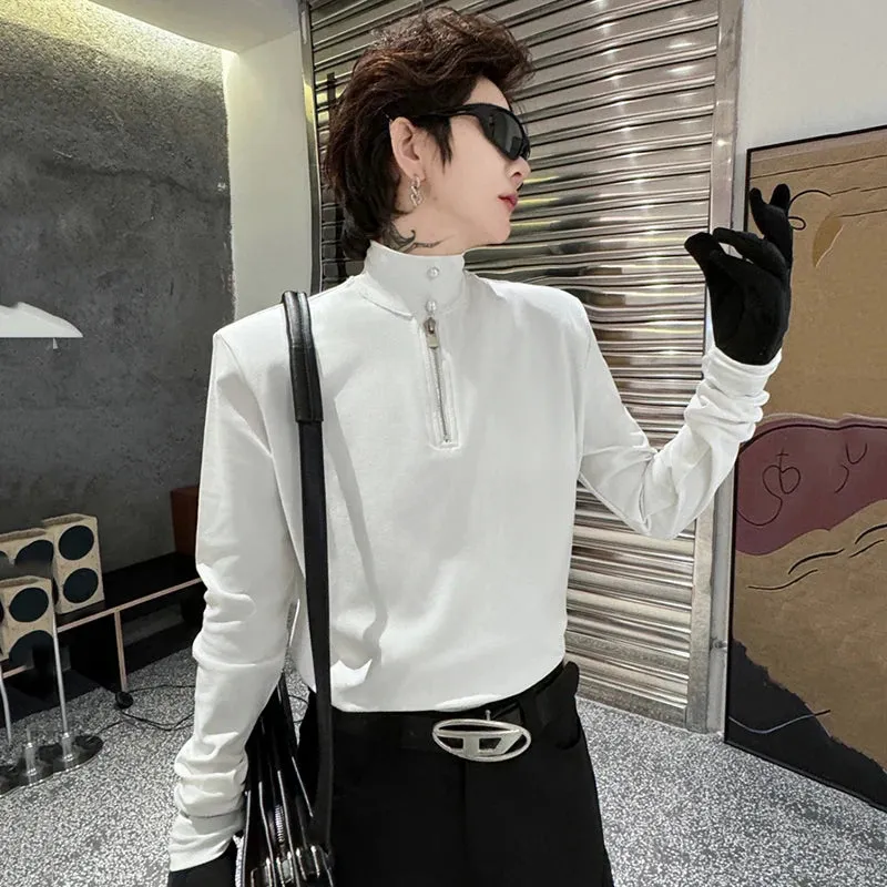 Pearl Zipper Trim Men's T-shirt Korean Fashion Mock Neck Solid Color Zipper Male Long Sleeve Tops New Stylish 9C4239