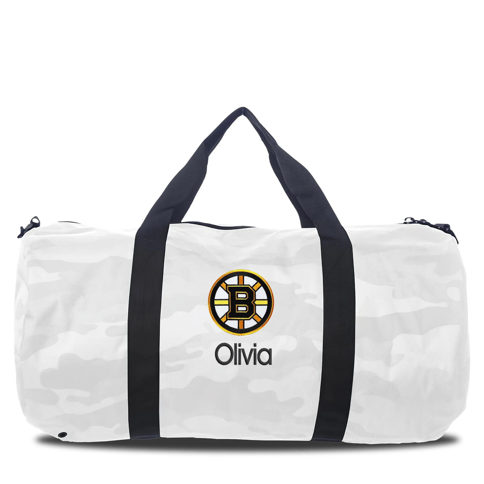 Personalized Boston Bruins White Camo Duffel Bag