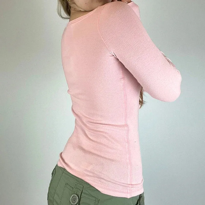 Pink Lace Patched Slim Sweet Tee Shirts Buttons Korean Spring Autumn Women's T-shirt Tops Coquette Clothing Pullover