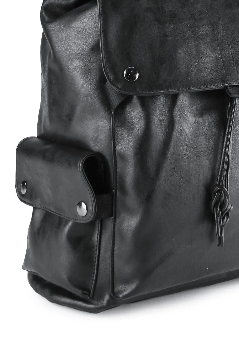 Pu Pocket Flap Large Backpack - Black