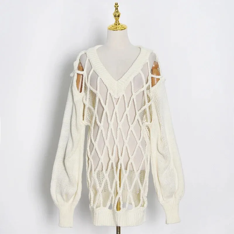 Sexy White Hollow Out Knitted Tops For Women V Neck Long Sleeve Casual Oversized Sweater Female Fashion Spring