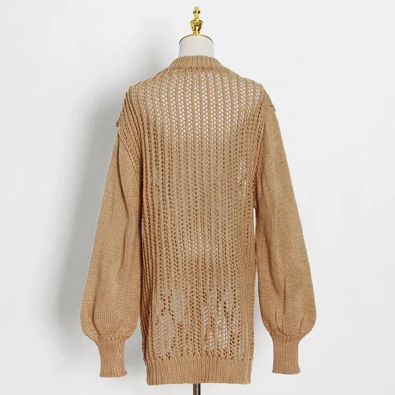 Sexy White Hollow Out Knitted Tops For Women V Neck Long Sleeve Casual Oversized Sweater Female Fashion Spring