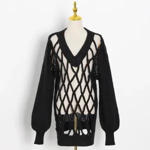 Sexy White Hollow Out Knitted Tops For Women V Neck Long Sleeve Casual Oversized Sweater Female Fashion Spring