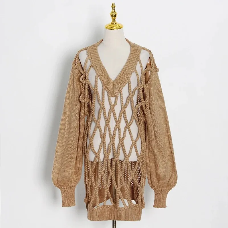 Sexy White Hollow Out Knitted Tops For Women V Neck Long Sleeve Casual Oversized Sweater Female Fashion Spring