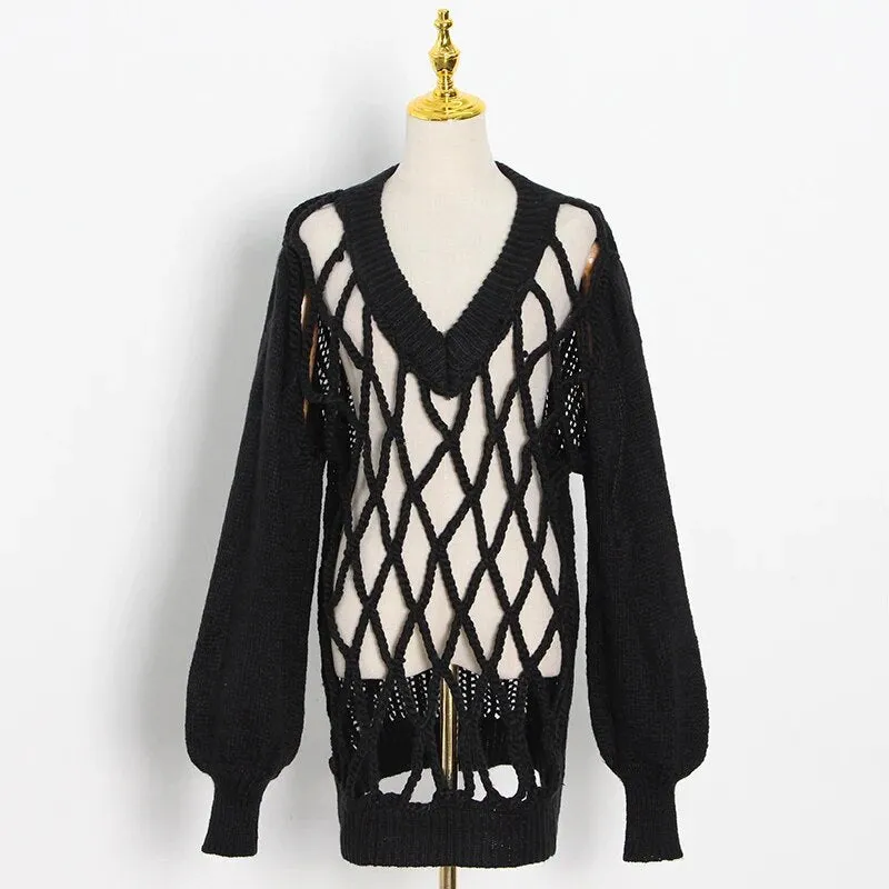 Sexy White Hollow Out Knitted Tops For Women V Neck Long Sleeve Casual Oversized Sweater Female Fashion Spring