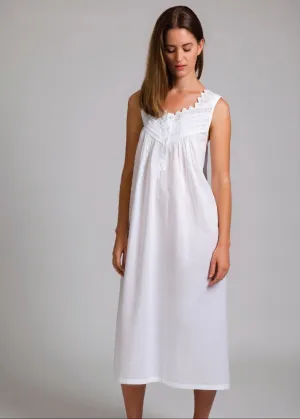Sleeveless Pleated With Yoke Nightie White