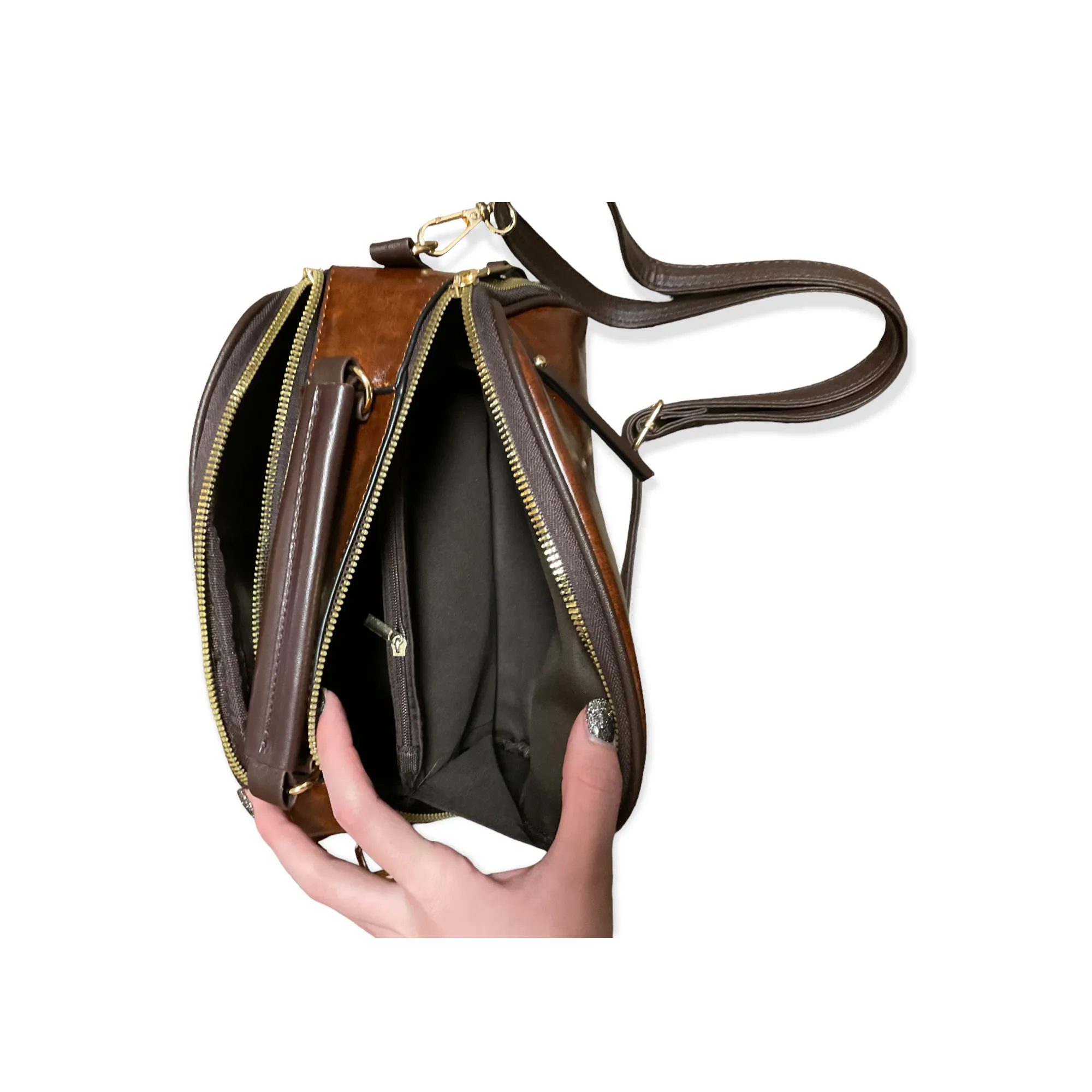 Small 2-Tone Brown Duffel Crossbody Faux Leather Purse