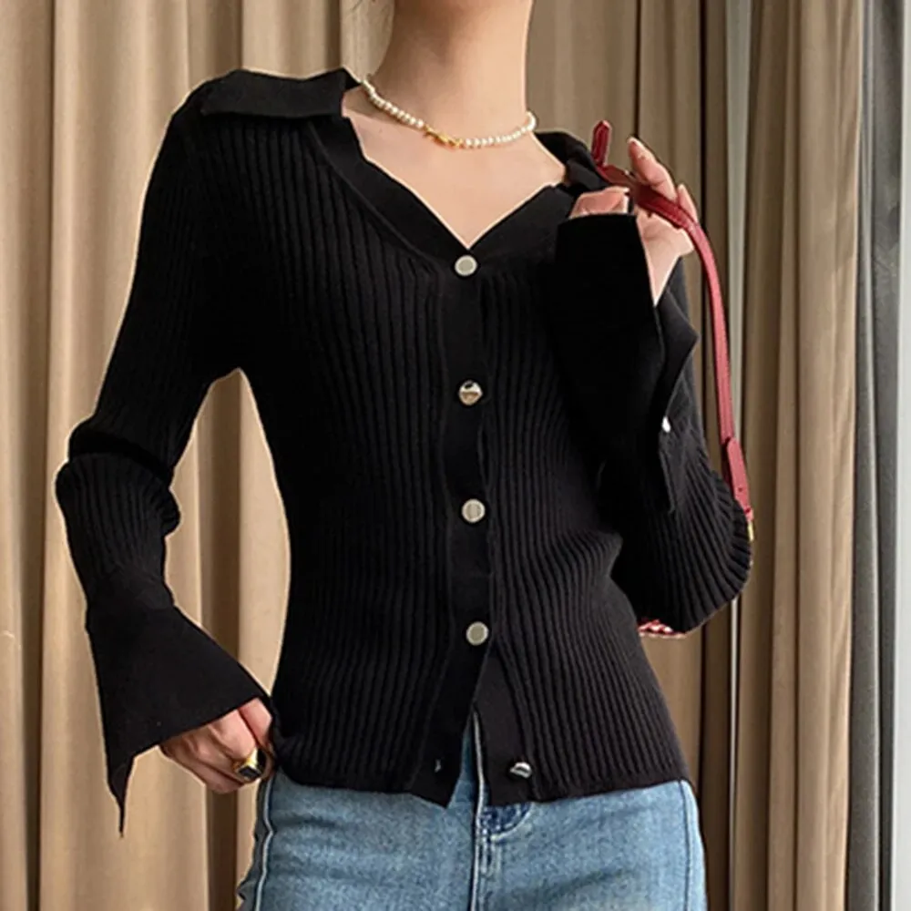 Solid Knitting Sweaters For Women Lapel Long Sleeve Single Breasted Slimming Casual Cardigans Female Fashion New