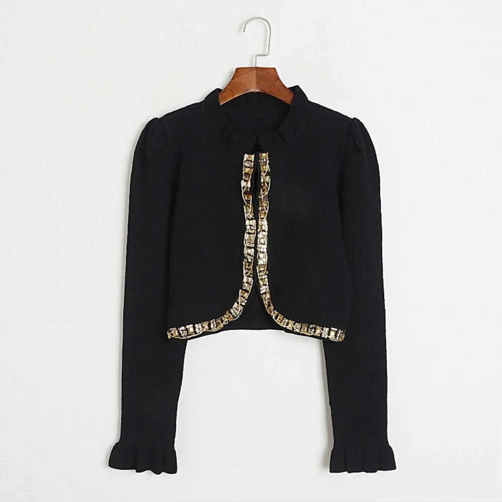 Spliced Sequins Casual Knitting Sweaters For Women Ruffled Collar Long Sleeve Slimming Sweater Female Fashion
