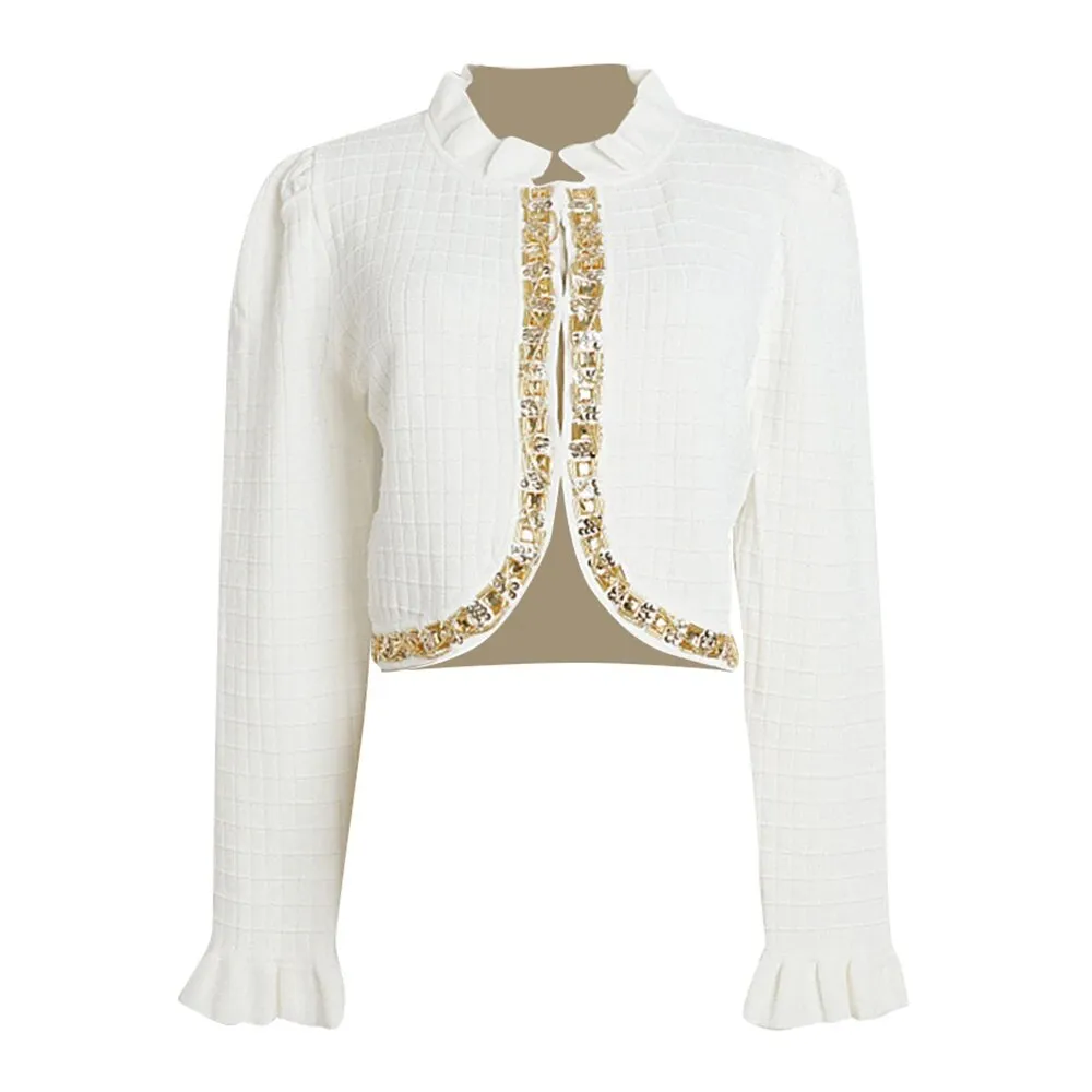 Spliced Sequins Casual Knitting Sweaters For Women Ruffled Collar Long Sleeve Slimming Sweater Female Fashion