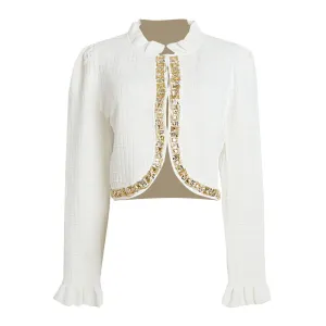 Spliced Sequins Casual Knitting Sweaters For Women Ruffled Collar Long Sleeve Slimming Sweater Female Fashion