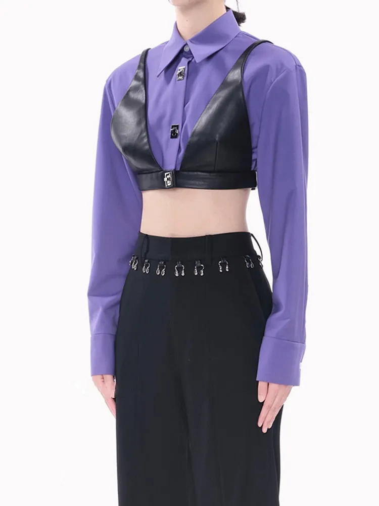 Straight Shirt For Women Lapel Long Sleeve Patchwork Fake Two Piece Colorblock Button Through Blouse Female Fashion