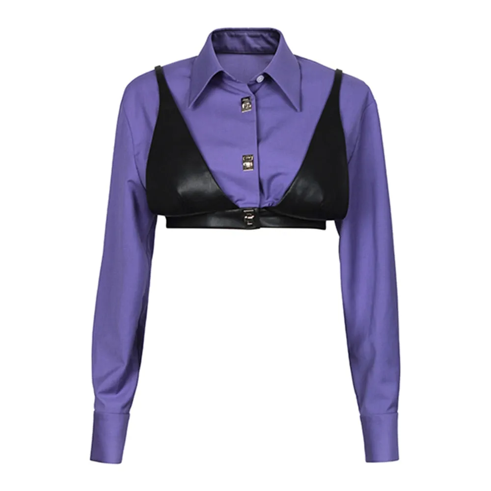 Straight Shirt For Women Lapel Long Sleeve Patchwork Fake Two Piece Colorblock Button Through Blouse Female Fashion