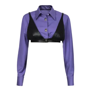 Straight Shirt For Women Lapel Long Sleeve Patchwork Fake Two Piece Colorblock Button Through Blouse Female Fashion