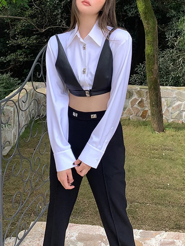 Straight Shirt For Women Lapel Long Sleeve Patchwork Fake Two Piece Colorblock Button Through Blouse Female Fashion