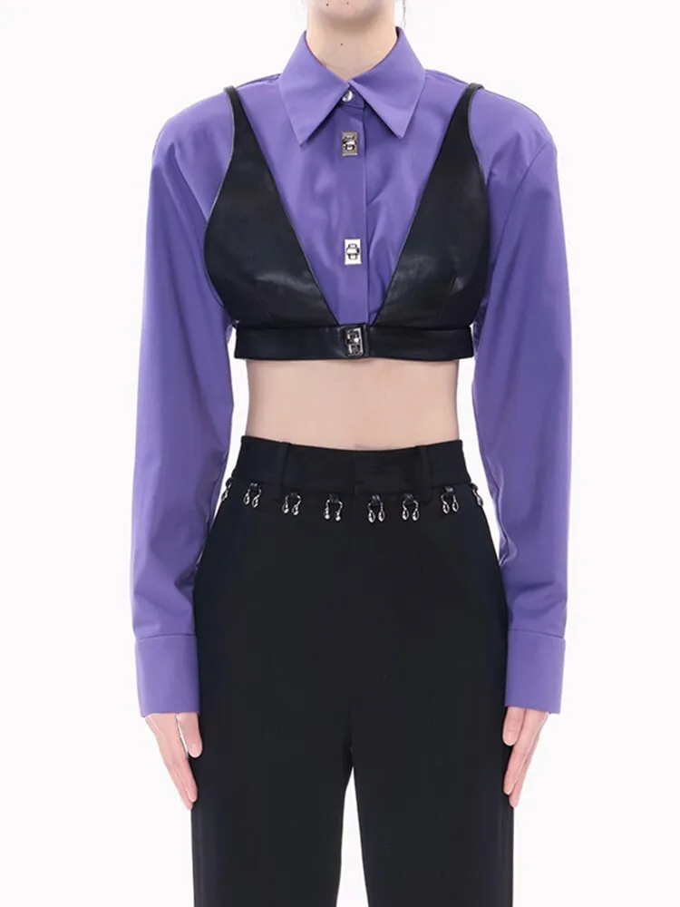 Straight Shirt For Women Lapel Long Sleeve Patchwork Fake Two Piece Colorblock Button Through Blouse Female Fashion