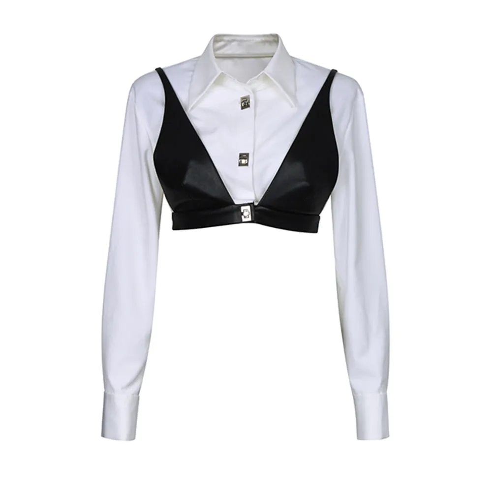 Straight Shirt For Women Lapel Long Sleeve Patchwork Fake Two Piece Colorblock Button Through Blouse Female Fashion