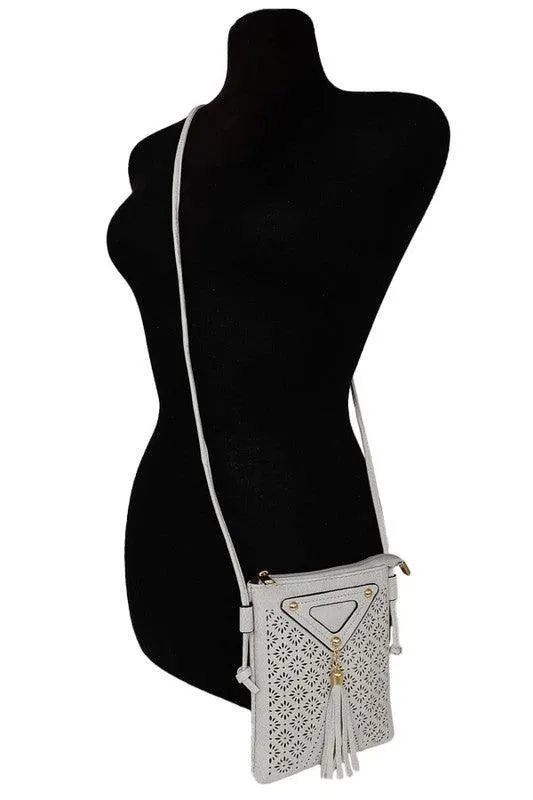 Tassel Studded Laser Cut PU Leather Crossbody Bag