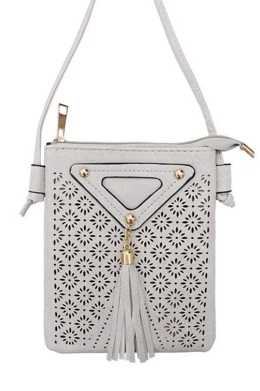 Tassel Studded Laser Cut PU Leather Crossbody Bag