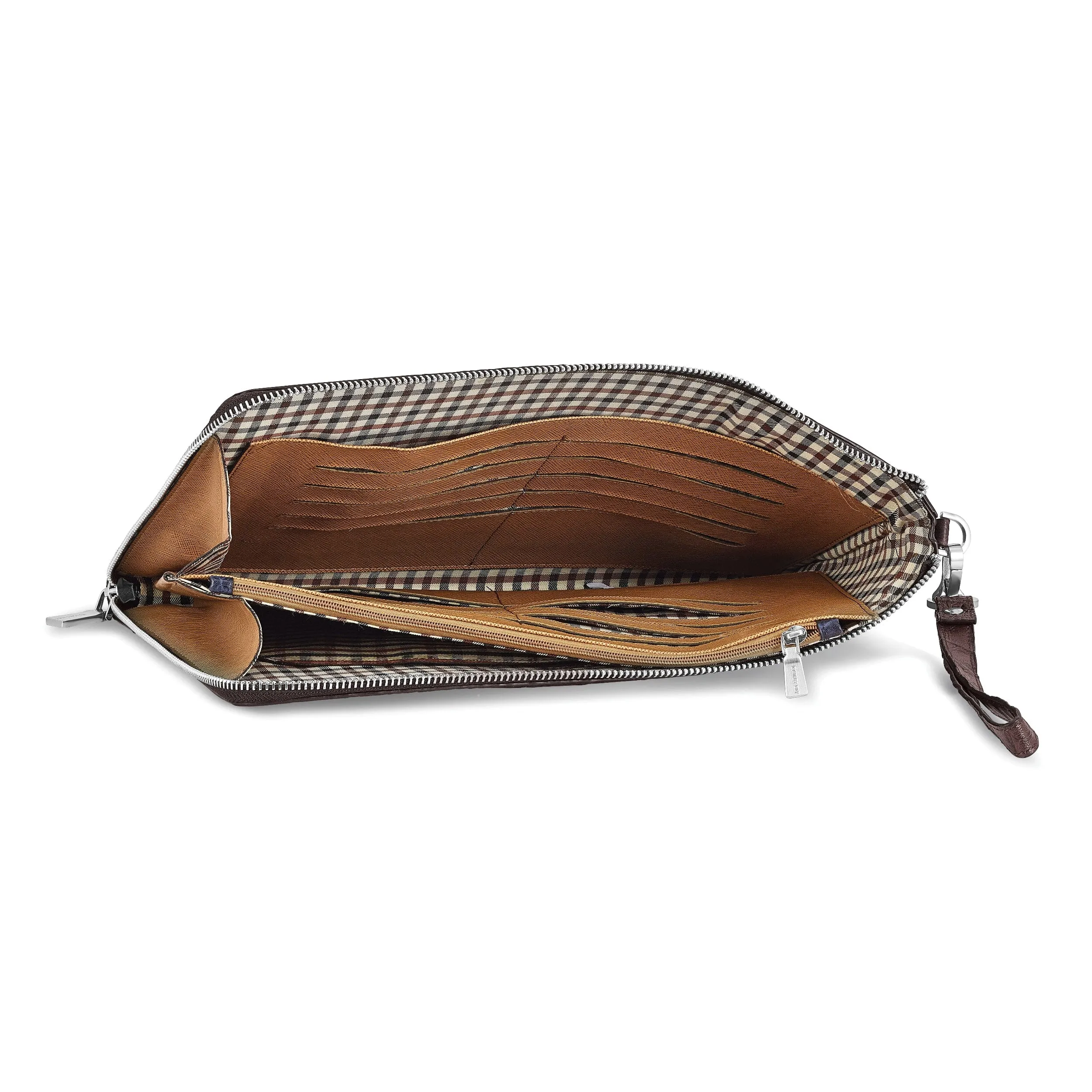Top Grain Leather Croc Texture Zips Around One Side and Top Cotton and Leather Gusseted Lining with Center Zip Compartment Divider 20 Card Slot Detachable 7 inch Wrist Strap Dark Brown Portfolio