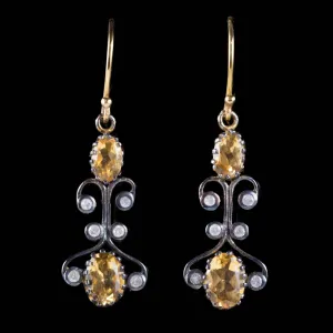 Victorian Style Citrine Diamond Drop Earrings Silver 9Ct Gold